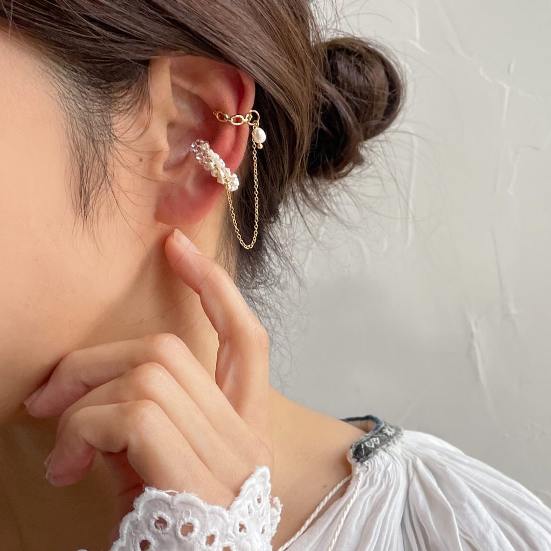 14kgf and 14kgp 4way freshwater poppy pearl and vintage bead ear cuff set / for one ear / hypoallergenic to metal - 耳环/耳夹 - 宝石 白色