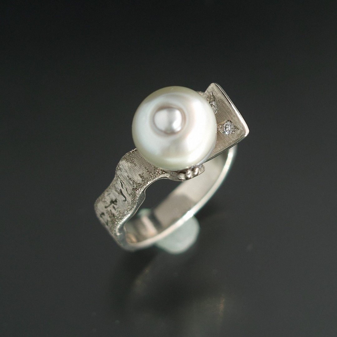 YOKAI Ring Ittan-momen 10K WG with South Sea Pearl * Diamonds - 戒指 - 贵金属 银色