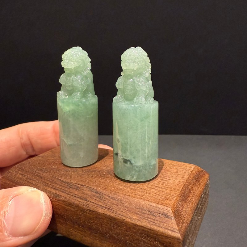 瀚玉珠宝 天然冰糯种印章 宝狮印章圆形章一对 满绿冰种圆形印章 - 其他 - 玉石 