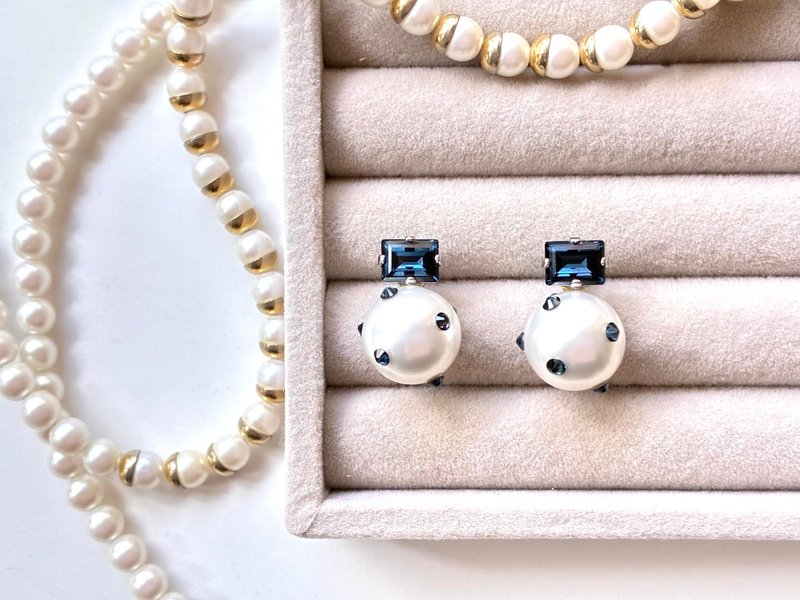 雾面蓝点缀珍珠【蒙大拿/蓝色/海洋/毕业典礼/正式场合/蓝眼菊/生日/礼物/赠礼】 - 耳环/耳夹 - 珍珠 蓝色