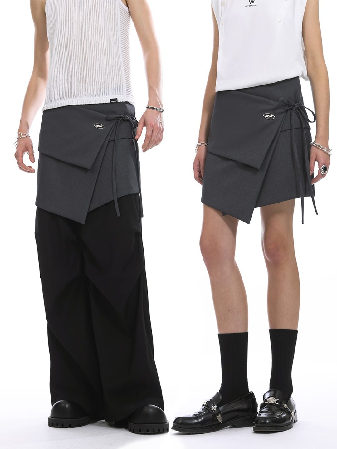 Unvesno (UN) 460克一片式绑带叠穿男女通用围裹裙外搭 TR-3188 - 中性裤装 - 其他材质 灰色