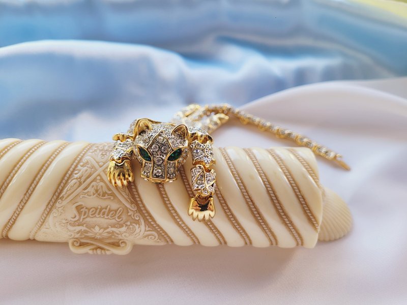 美国西洋古董饰品 / 金色霸气绿眼满钻美洲豹手链 动物系列 复古 - 手链/手环 - 其他金属 