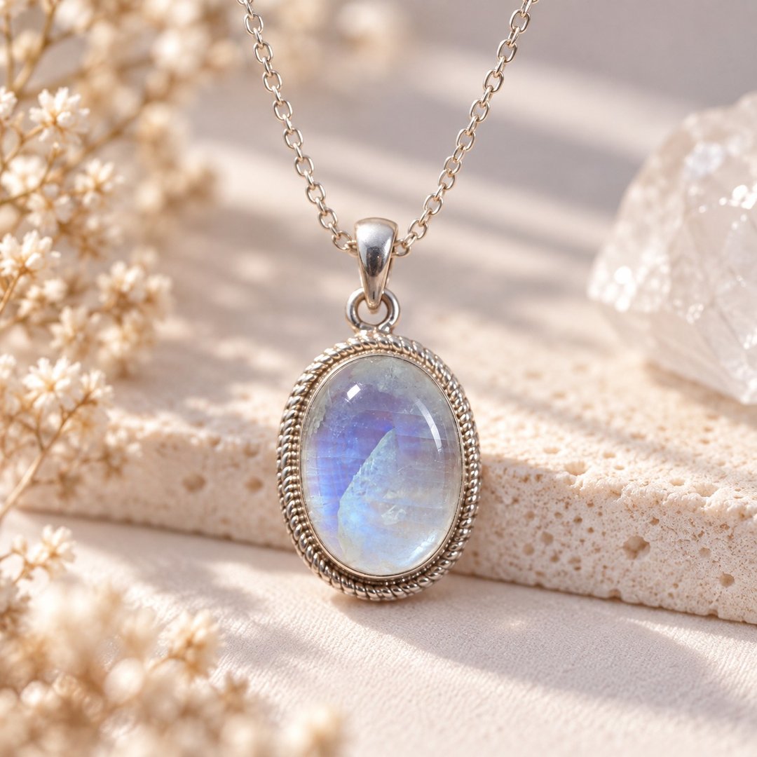 月色微光 天然月光石纯银坠饰 13×18mm 蓝光月光石 尼泊尔手工 - 项链 - 半宝石 