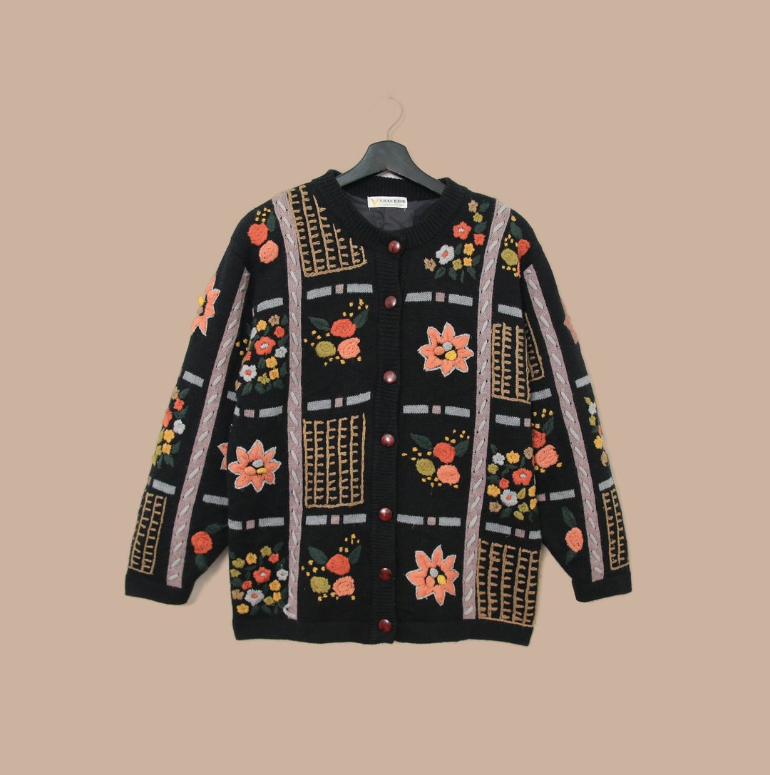 Back to Green-复古毛衣s-04立体刺绣 玫瑰 开襟 vintage sweater - 女装针织衫/毛衣 - 聚酯纤维 
