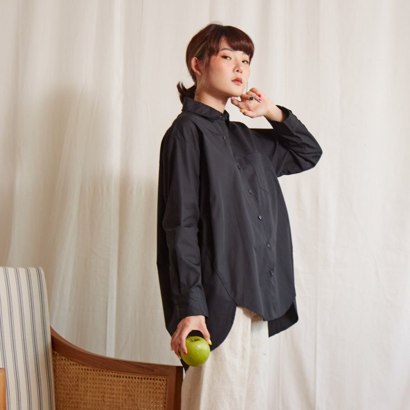 斜织纹黑色宽松衬衫 - 女装衬衫 - 棉．麻 黑色