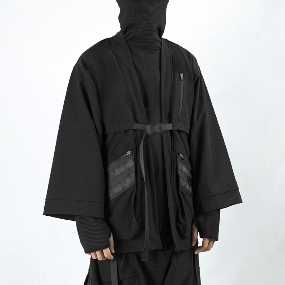 机能忍者道袍 中长袖宽松外套 赛博暗黑风夹克休闲和服 - 男装外套 - 聚酯纤维 黑色
