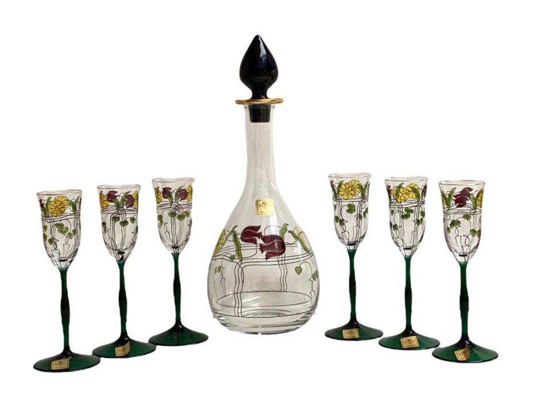 水晶滗水器和眼镜套装| Theresienthal 巴伐利亚 Meistergläss - 酒杯/酒器 - 水晶 绿色