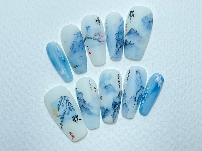 穿戴甲/手工绘制/国风山水画 - 指甲油/指甲贴 - 其他材质 