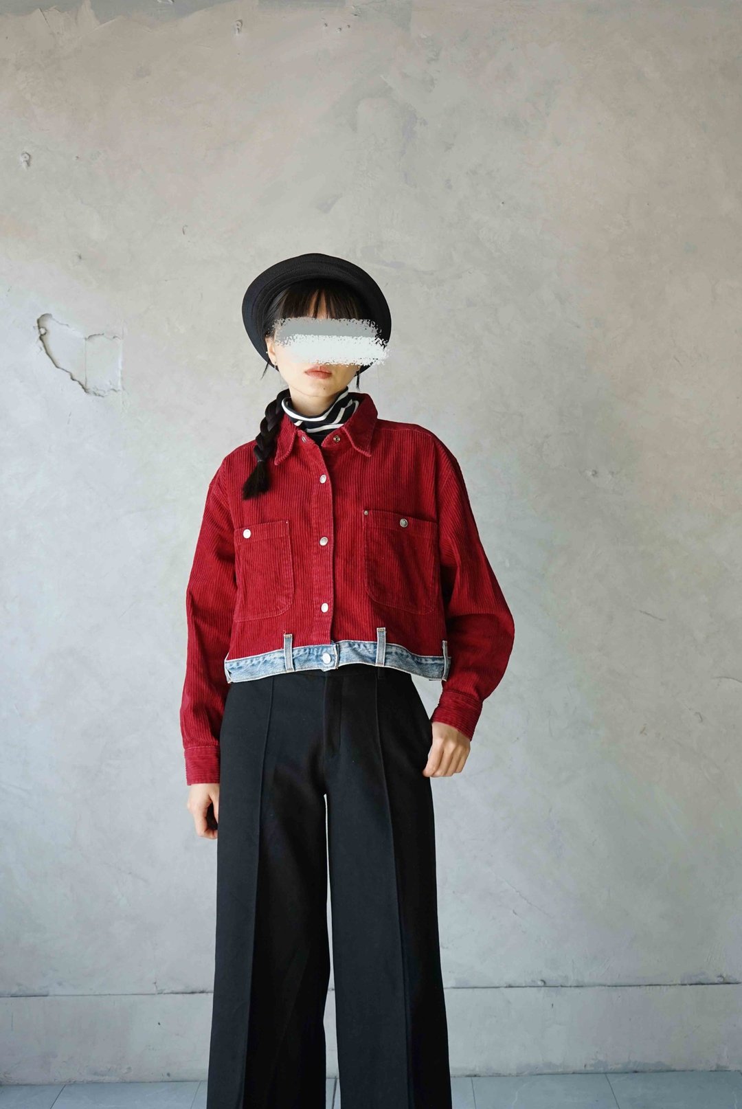 Restyle 改造古着 - 大红色粗灯芯绒牛仔腰头下摆短版衬衫 - 女装衬衫 - 棉 红色