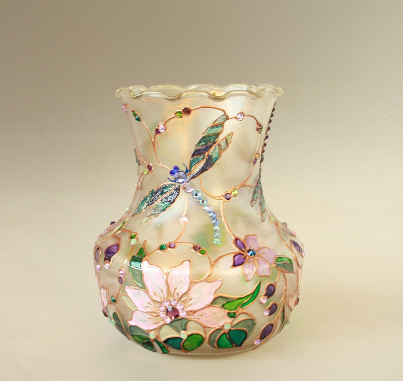 Glass Vase Dragonfly Water Lily and Wildflowers Swarovski Crystals, Hand-painted - 摆饰 - 玻璃 多色