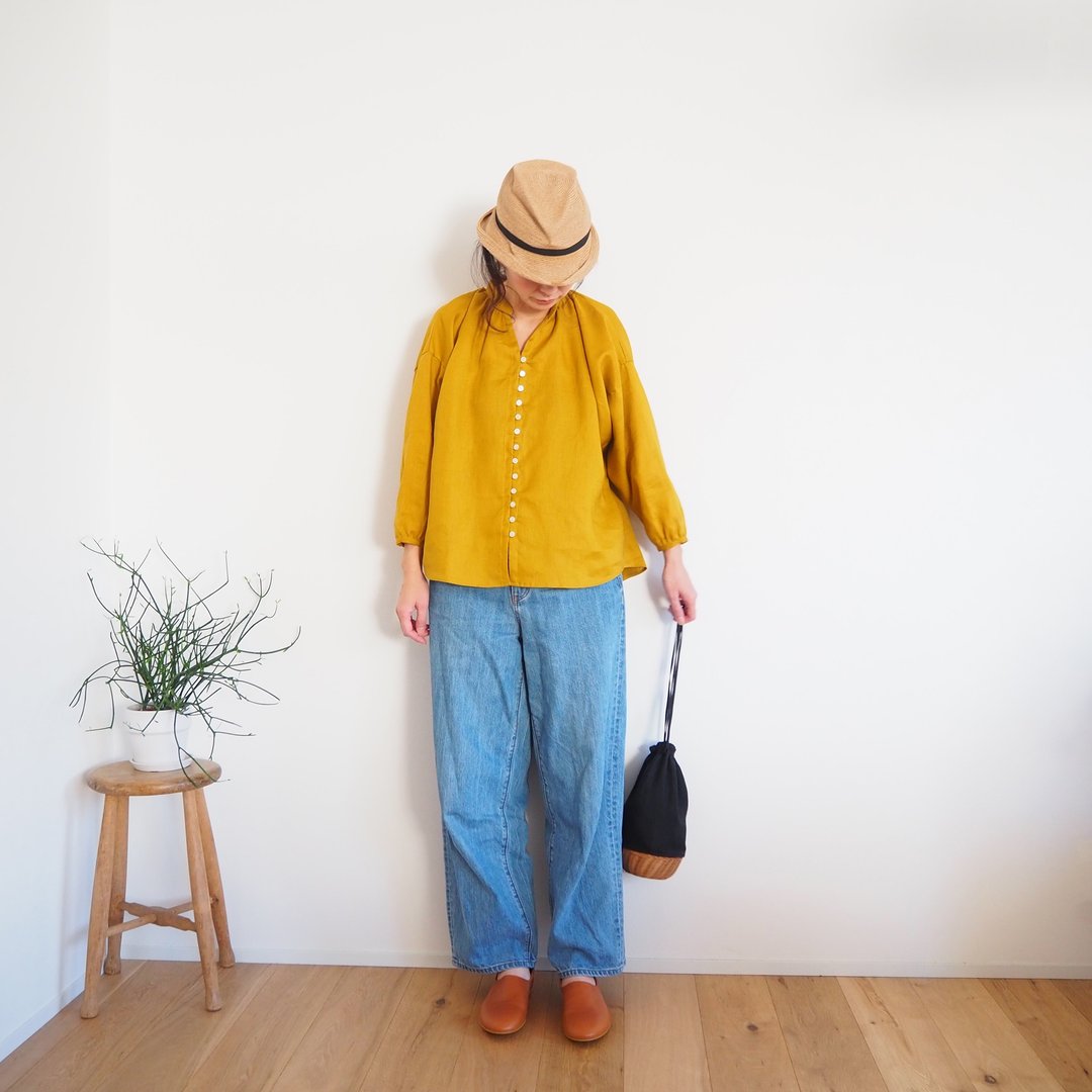 French Linen button gather blouse/YELLOW - 女装衬衫 - 棉．麻 黄色
