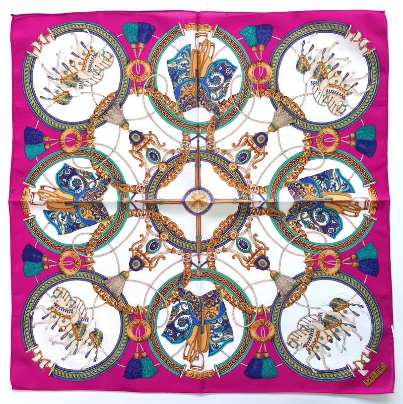 Celine Paris 古董丝巾 马术风格 - 马匹与马鞍图案 22.5 x 22.5 英寸 - 手帕/方巾 - 棉．麻 粉红色