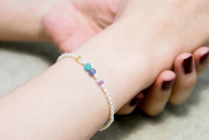 [ Ofelia. ]天然石系列−纯银天然天河石、丹泉石、黄水晶、紫水晶、月光石x淡水珍珠细链 [J69- Briony] - 手链/手环 - 宝石 白色