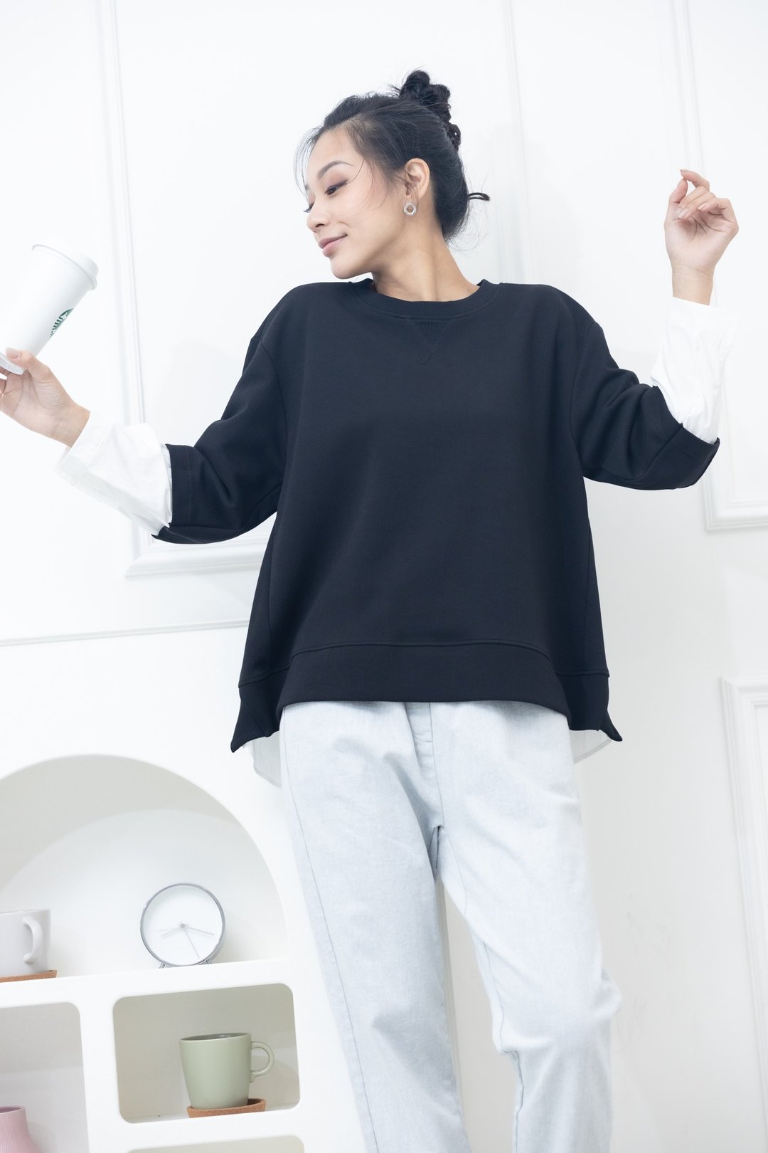 前短后长异材质拼接上衣 黑色 - 女装上衣 - 其他材质 黑色
