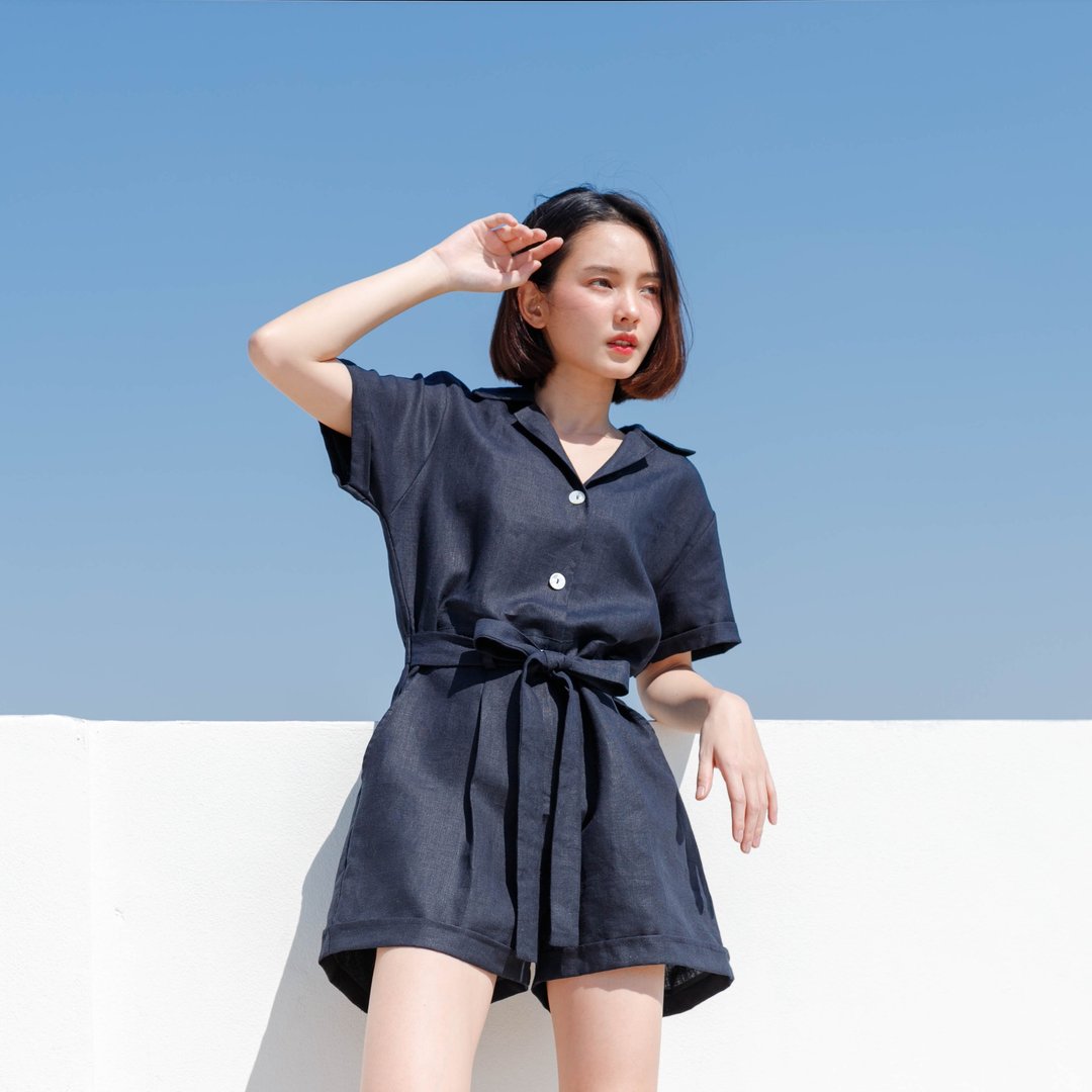 Playsuit Dark Blue - 背带裤/连体裤 - 亚麻 蓝色