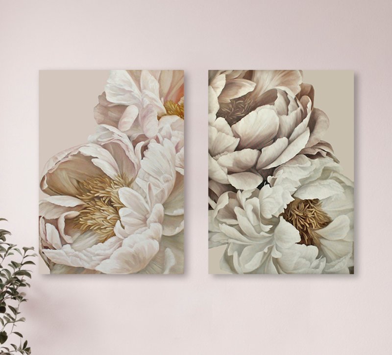 牡丹画作 | 牡丹双联画 | 牡丹艺术 | 灰丝绒花卉组 - 墙贴/壁贴 - 棉．麻 粉红色