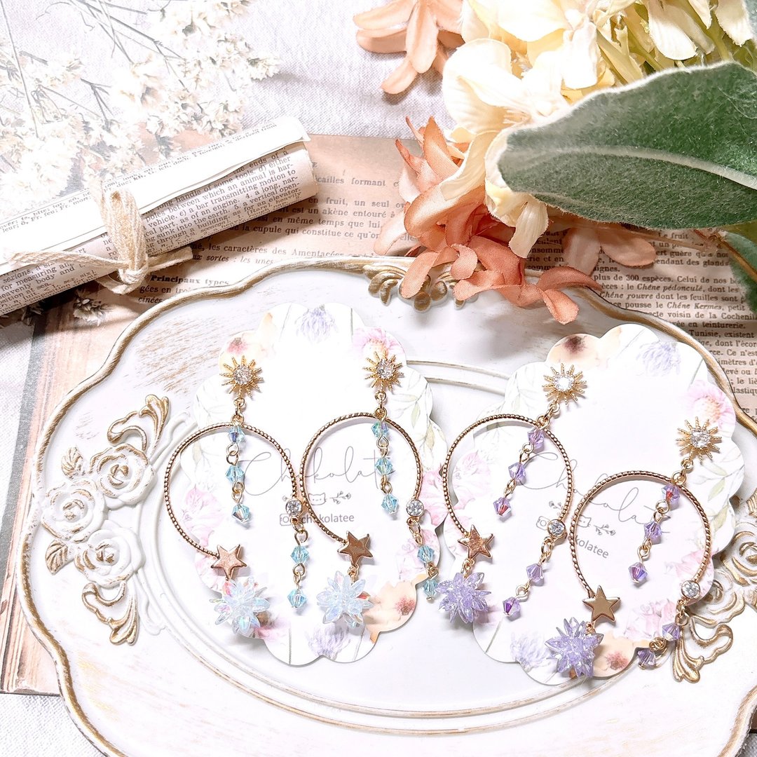 Swarovski x锆石雪花耳钉 925/14KGF耳钉 - 耳环/耳夹 - 玻璃 蓝色