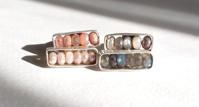 框架戒指 | 可调节尺寸戒指 | Silver 925 | 桃月光石 / 灰月光石 - 戒指 - 纯银 银色