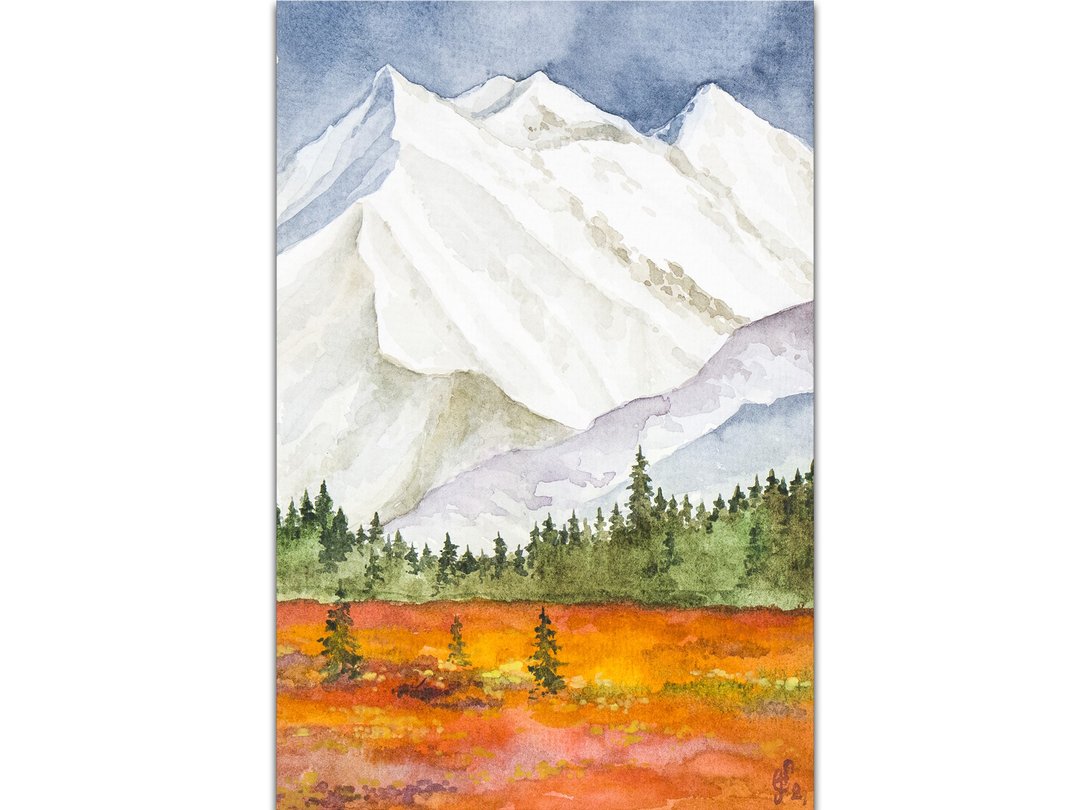 Alaska Painting Snow Mountain Original Art Winter Landscape Watercolor Painting - 海报/装饰画/版画 - 纸 橘色