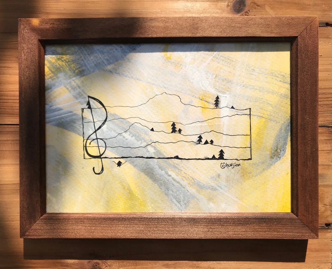 山的五线谱-音符树/手绘 作品 装饰 惊喜 自然风 木框 抽象画 植 - 海报/装饰画/版画 - 纸 黄色