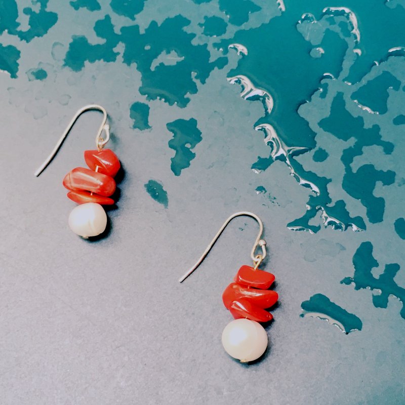 珊瑚珍珠耳环｜手工 - 耳环/耳夹 - 其他金属 红色