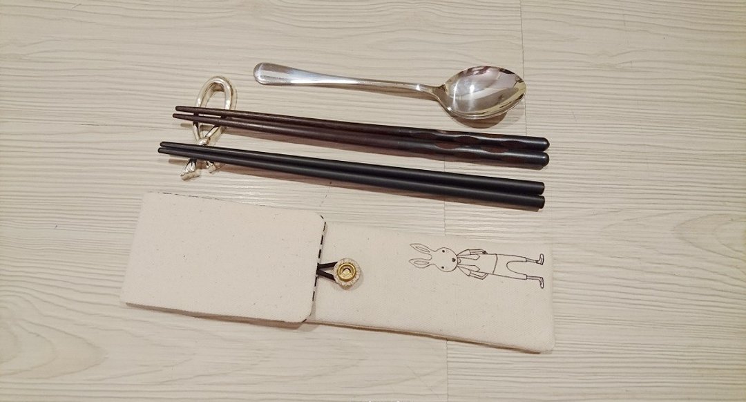 环保餐具收纳袋 筷子袋 组合筷专用 双层筷袋 手绘兔子先生款 - 餐刀/叉/匙组合 - 棉 