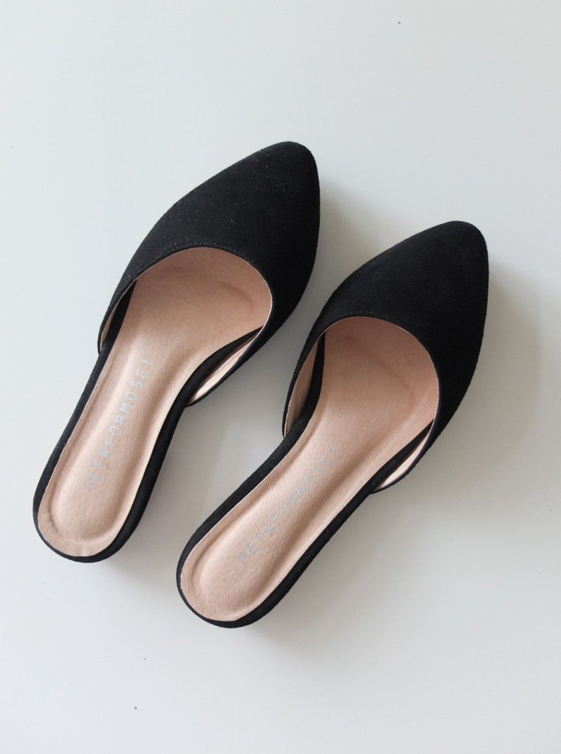 黑色羊绒极简尖头凉拖鞋(可订做其他颜色) - 女款休闲鞋 - 真皮 