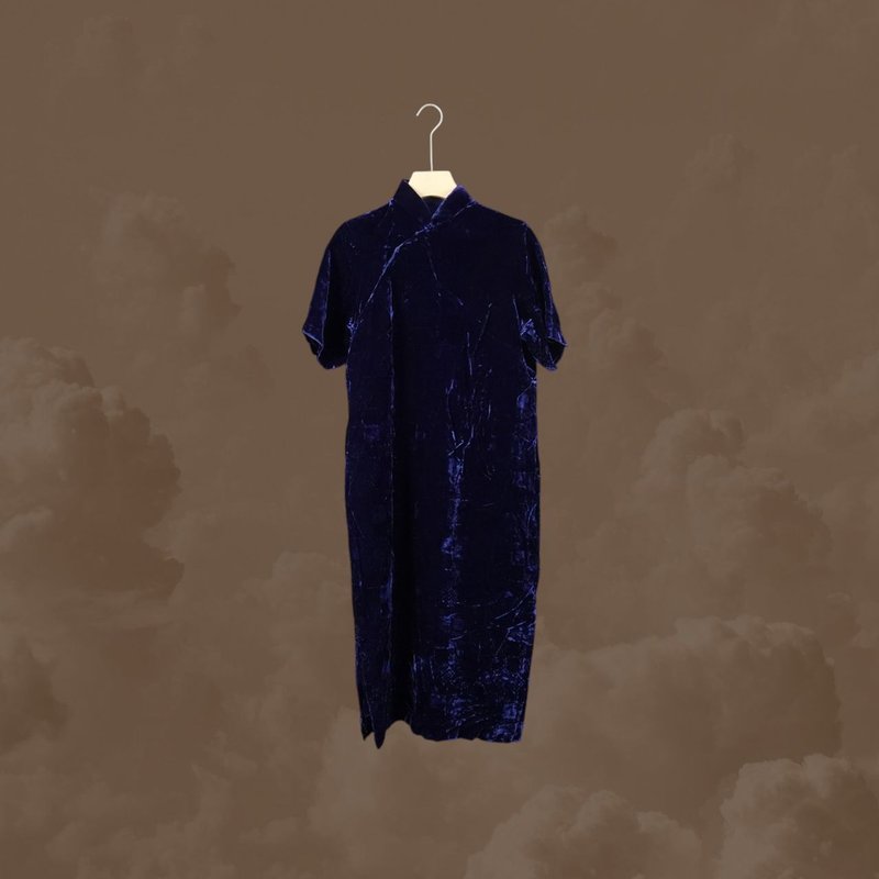 二手 深蓝色 天鹅绒面材质 古董订制 短袖 旗袍 CA1125 - 洋装/连衣裙 - 聚酯纤维 蓝色