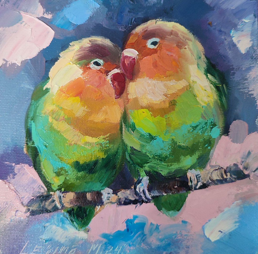 爱情鸟油画鹦鹉原创艺术雀小画鸟类艺术品 - 墙贴/壁贴 - 其他材质 黄色