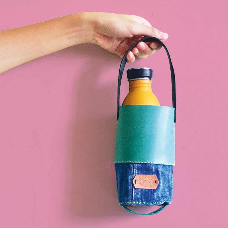 定制化刻名礼物 皮革丹宁牛仔布 水壶袋保暖瓶 便携式环保提袋 - 水瓶/水壶 - 真皮 绿色