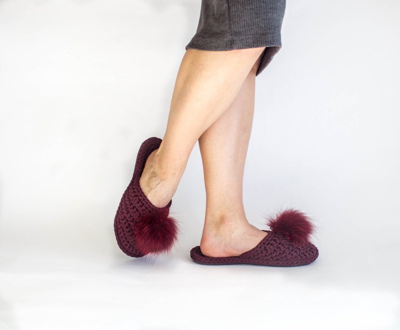 Cotton slippers - Knitted slippers - House shoes for women - 拖鞋 - 棉．麻 红色