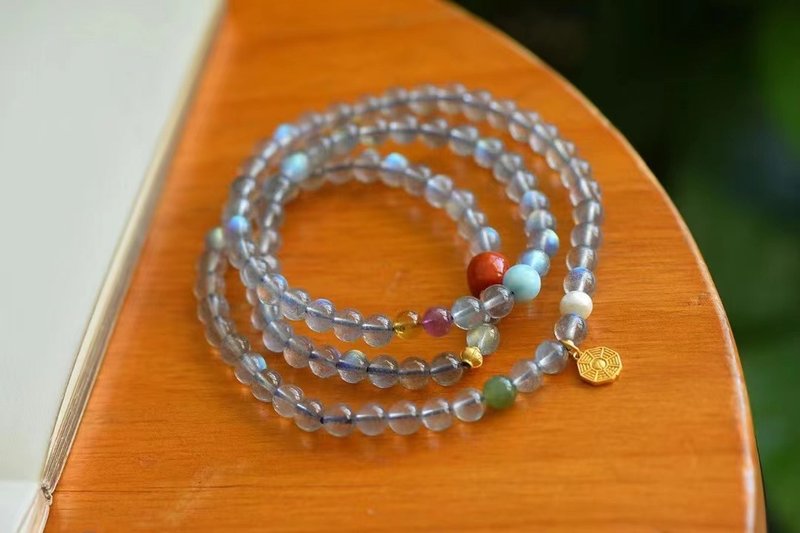 天然灰月光拉长石多圈手链搭配南红海纹石碧玺古法银八卦图助睡眠 - 手链/手环 - 水晶 