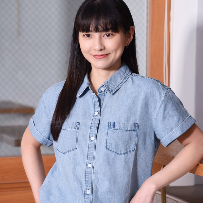 国民牛仔衬衫∣小落肩反折袖。可单穿可当罩衫。蓝鹊电绣 - 女装衬衫 - 棉．麻 