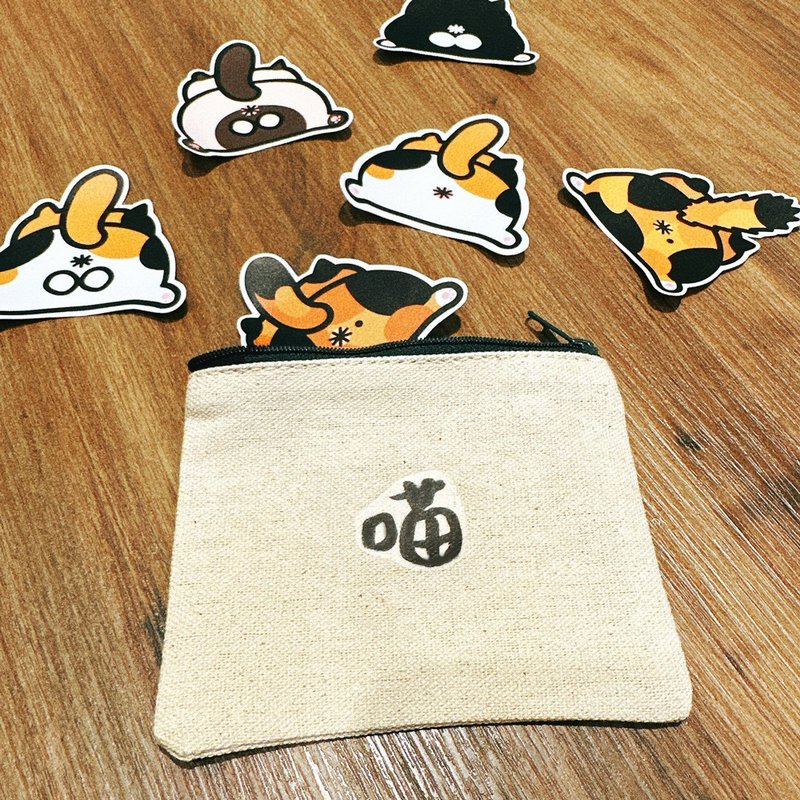 喵の日常 Meow 帆布零钱包 手工印制 Coin bag - 零钱包 - 棉．麻 黑色
