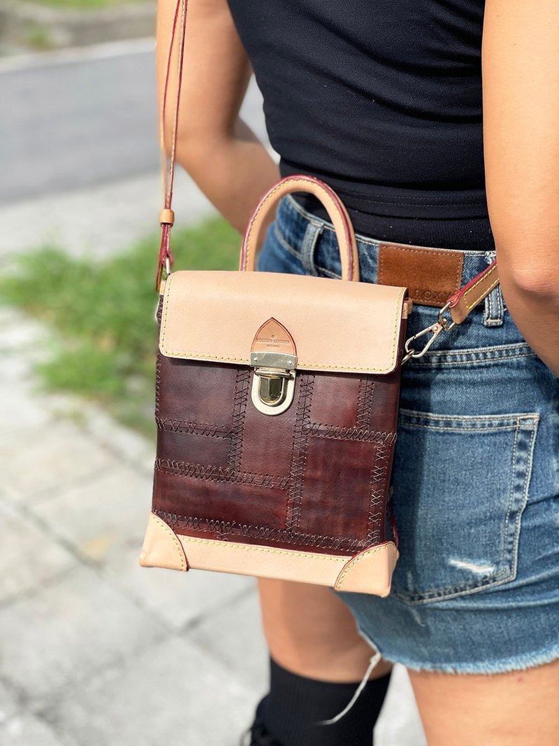 手工精品皮件 设计师-拼接翻盖侧背包(直款)/手提包 -现货 - 侧背包/斜挎包 - 真皮 