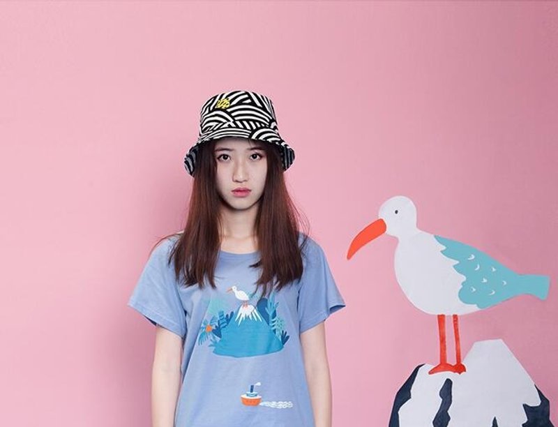 YIZISTORE 棉帆布印花刺绣渔夫帽 男女休闲平顶短檐防晒遮阳帽-豹子与猪 - 帽子 - 棉．麻 银色