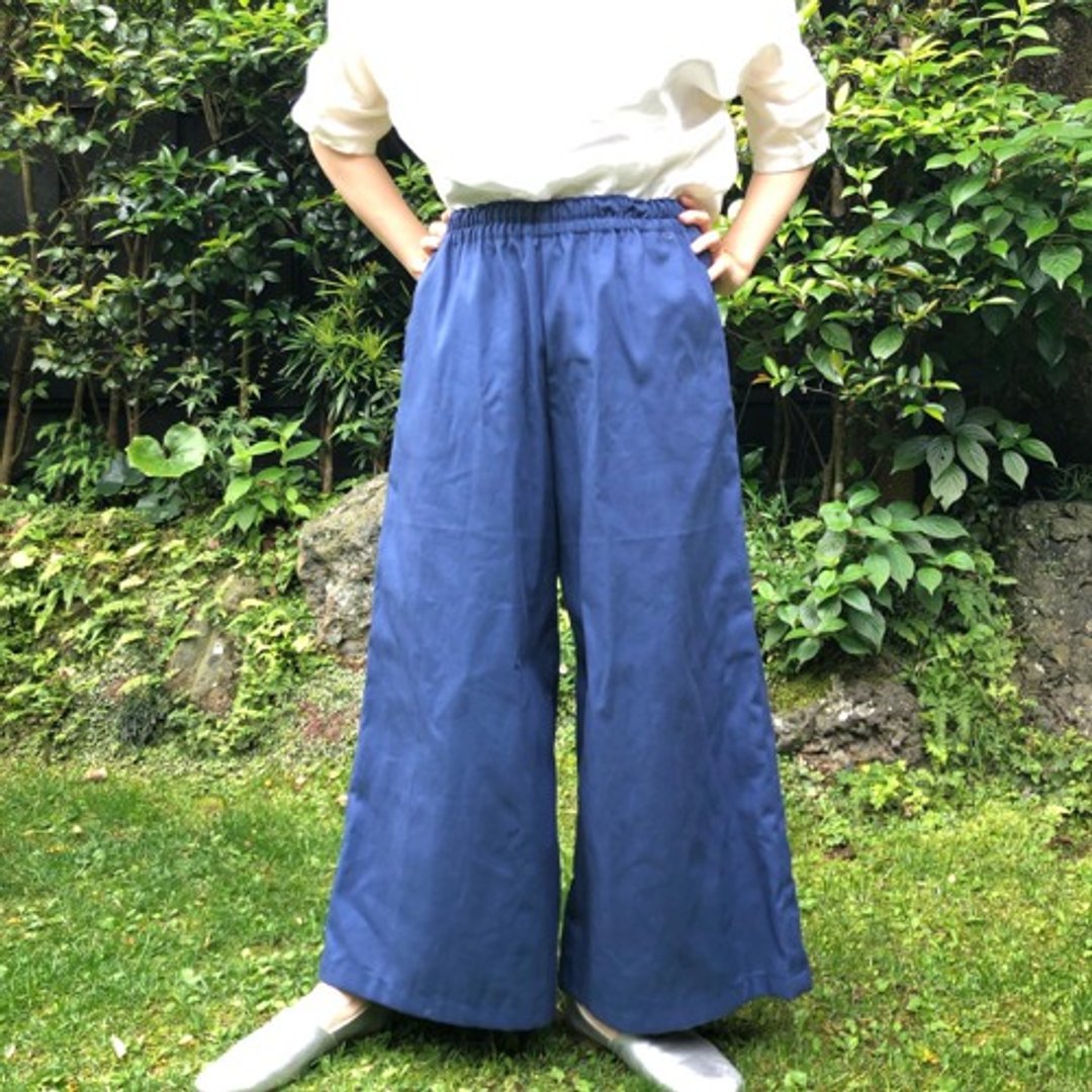 棉麻混纺八分宽裤 蓝色 - 女装长裤 - 棉 蓝色