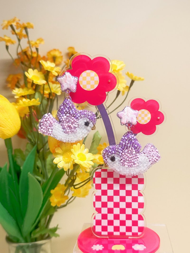 宝鹃珠绣配渐变色星星耳环 - 耳环/耳夹 - 绣线 紫色