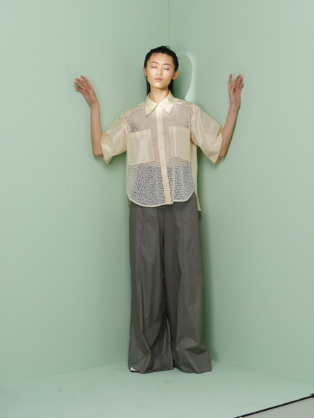 UUIN _ 灰绿银纱阔腿裤 - 女装长裤 - 棉 灰色