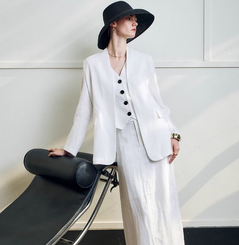【100%进口亚麻】法式簡約/松弛感无领西装外套 - 女装西装外套/风衣 - 棉．麻 白色