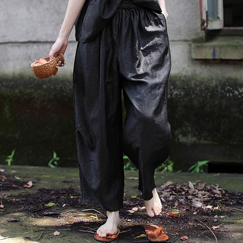清凉桑蚕丝黑色薯莨染香云纱松紧腰抽绳宽松萝卜裤 - 女装长裤 - 丝．绢 