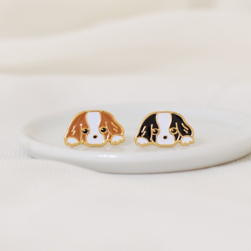 查理士小猎犬 Cavalier King Charles 夹式耳环 纸盒包装 - 耳环/耳夹 - 珐琅 咖啡色