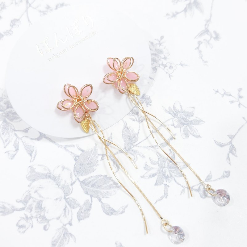 【可选坠饰】2way │ 和纸花朵耳环 / 耳夹 │ 粉色 - 耳环/耳夹 - 树脂 粉红色