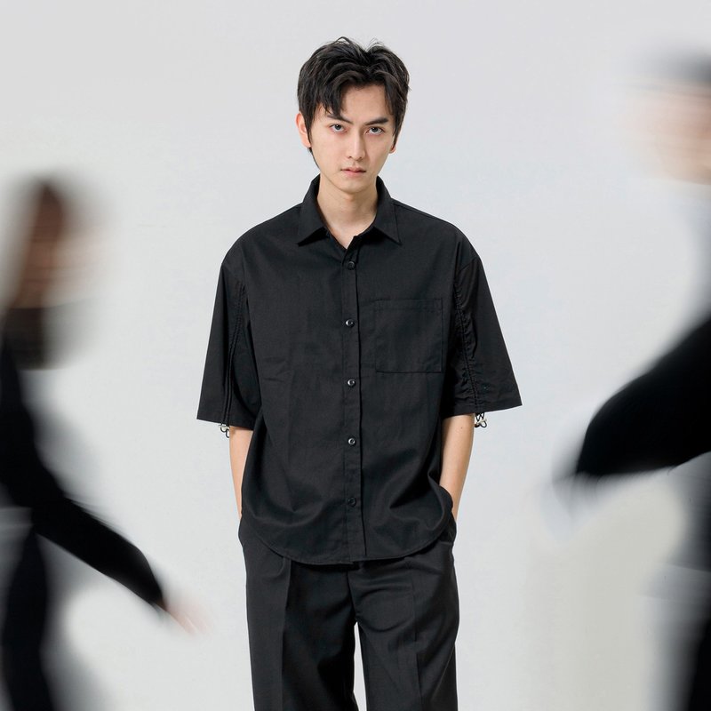 抽皱短袖衬衫 - 男装衬衫 - 棉．麻 黑色