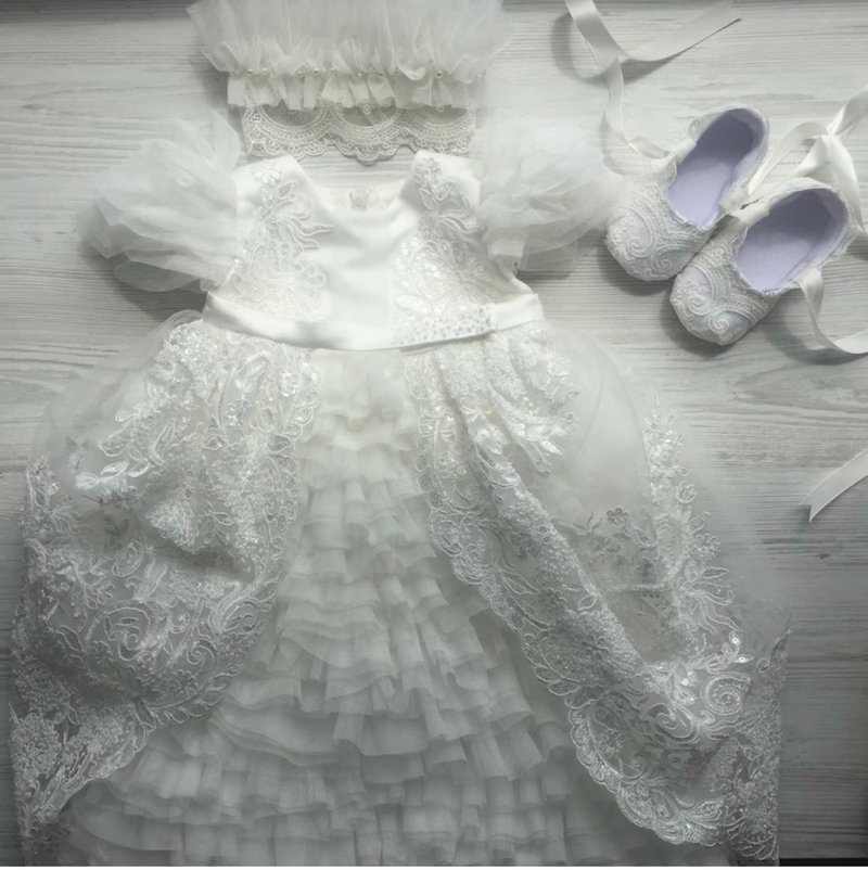 Ivory clothing set for baby girl: dress with detachable skirt, headband, shoes. - 童装礼服/连衣裙 - 其他材质 