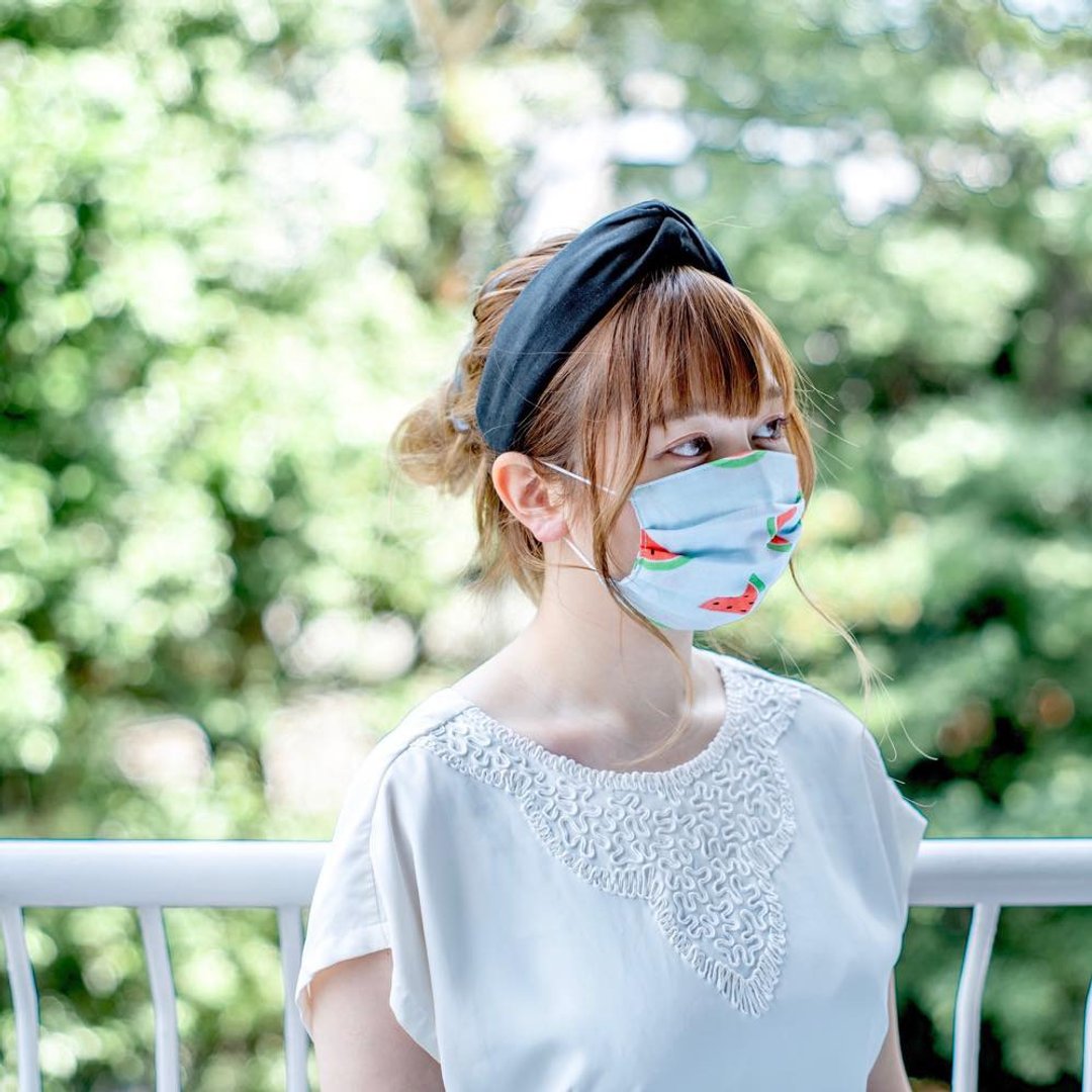 手工立体口罩 可洗涤 日本制纯棉二重纱布 西瓜 浅蓝色 成人 - 口罩 - 棉 蓝色