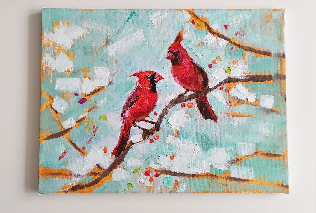 Cardinal Painting Original Art Oil Painting Birds Artwork Canvas Art - 海报/装饰画/版画 - 其他材质 红色