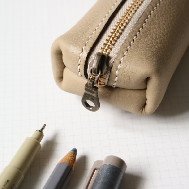 经典款皮制笔袋/收纳包 - 杏色荔枝纹 + 浅米拉链 - 铅笔盒/笔袋 - 真皮 卡其色