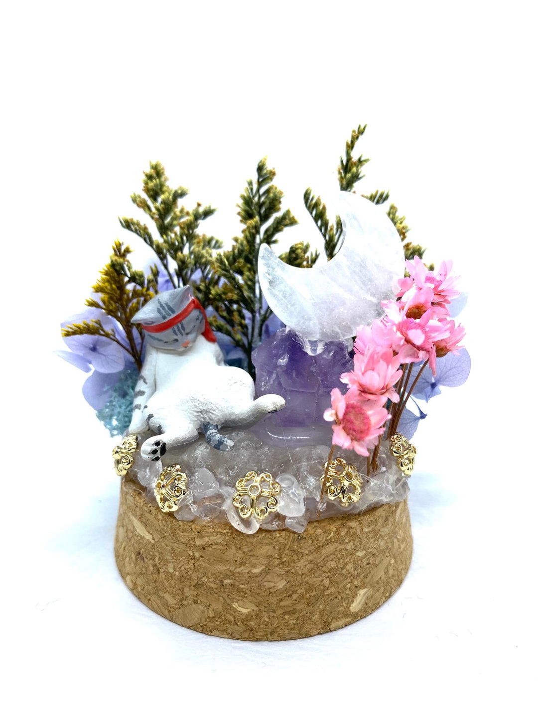 粉蓝花园-猫咪与白水晶月亮/紫水晶-水晶公仔干燥花摆设 - 摆饰 - 水晶 