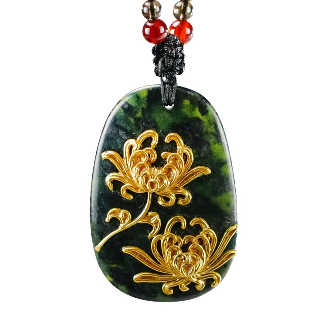 漆线雕菊花墨玉项链 富贵典雅饰品 - 项链 - 玉石 金色